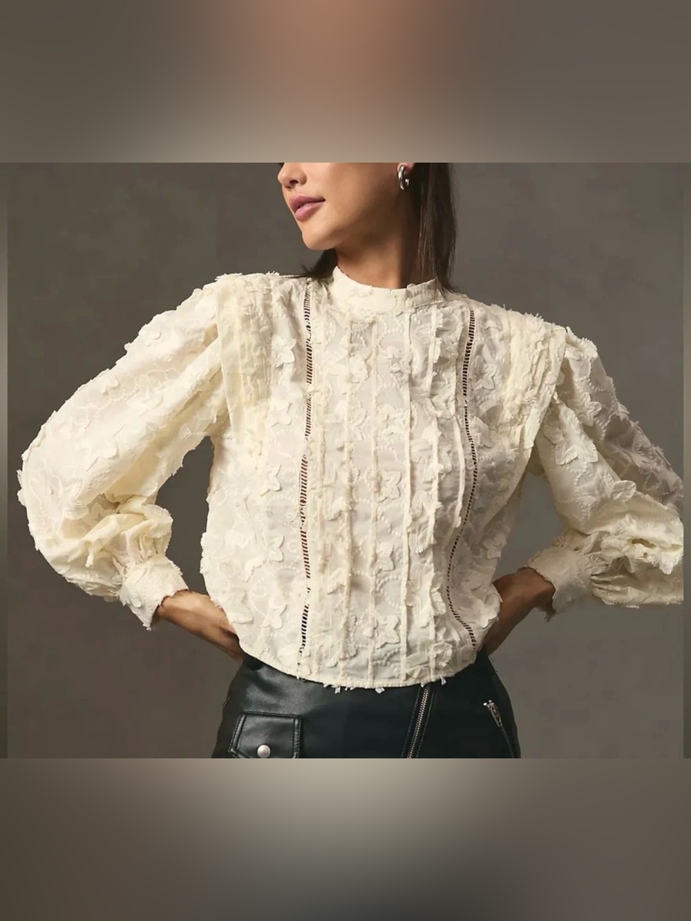 FARM RIO Star 3D Embroidered Blouse in Ivory Size M Fairy Party Office Cropped